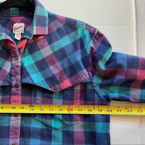 Vintage Merona Sport  Plaid Long Sleeve Women Shirt size M Y2K Green Blue Pink - Picture 10 of 12